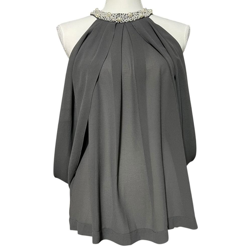 Blaque Label Faux Pearl Embellished Sheer Cape Gray Women’s Blouse Size Small